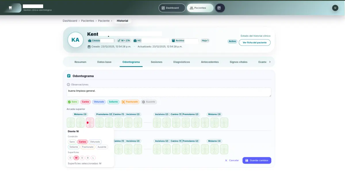 Historia clínica con odontograma interactivo en la Plataforma Dental de StackNetic