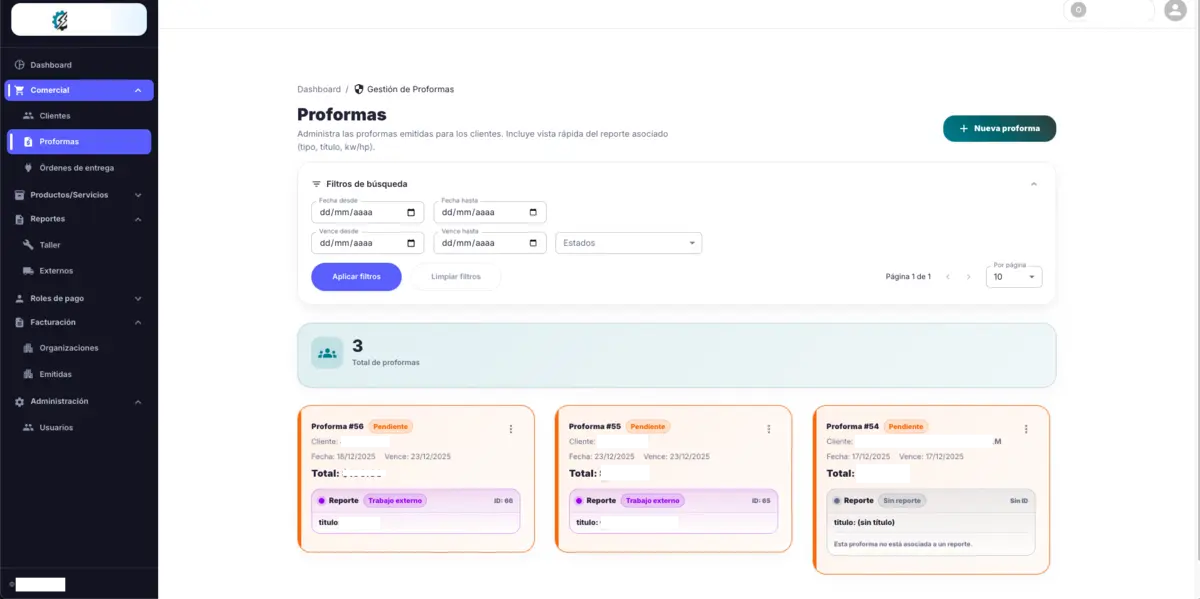 Módulo de gestión de proformas en Obciplan App
